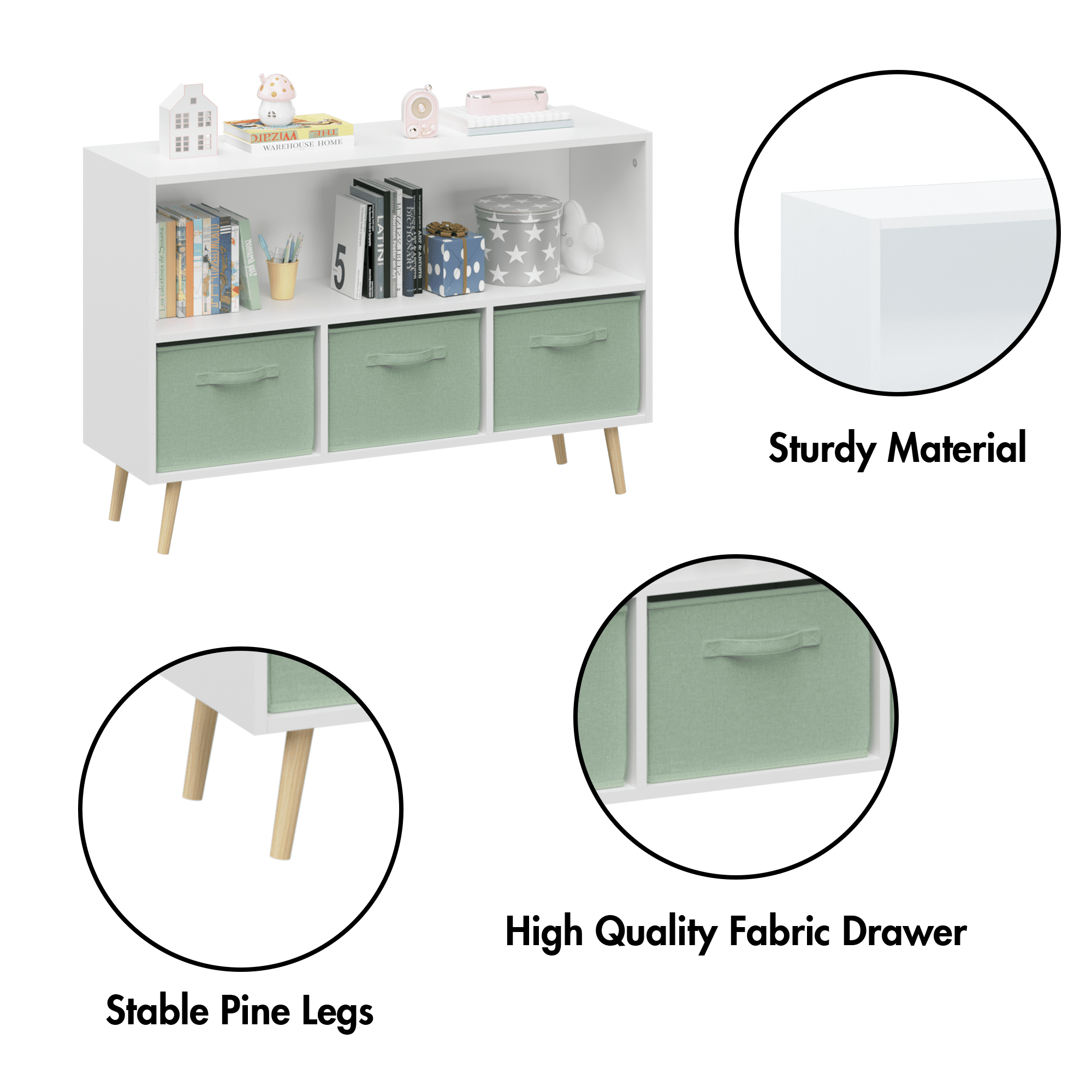 Leumius 4 Cube Kids Bookcase & Toy Storage Organizer with 3 Fabric Drawers for Playroom Storage,Green