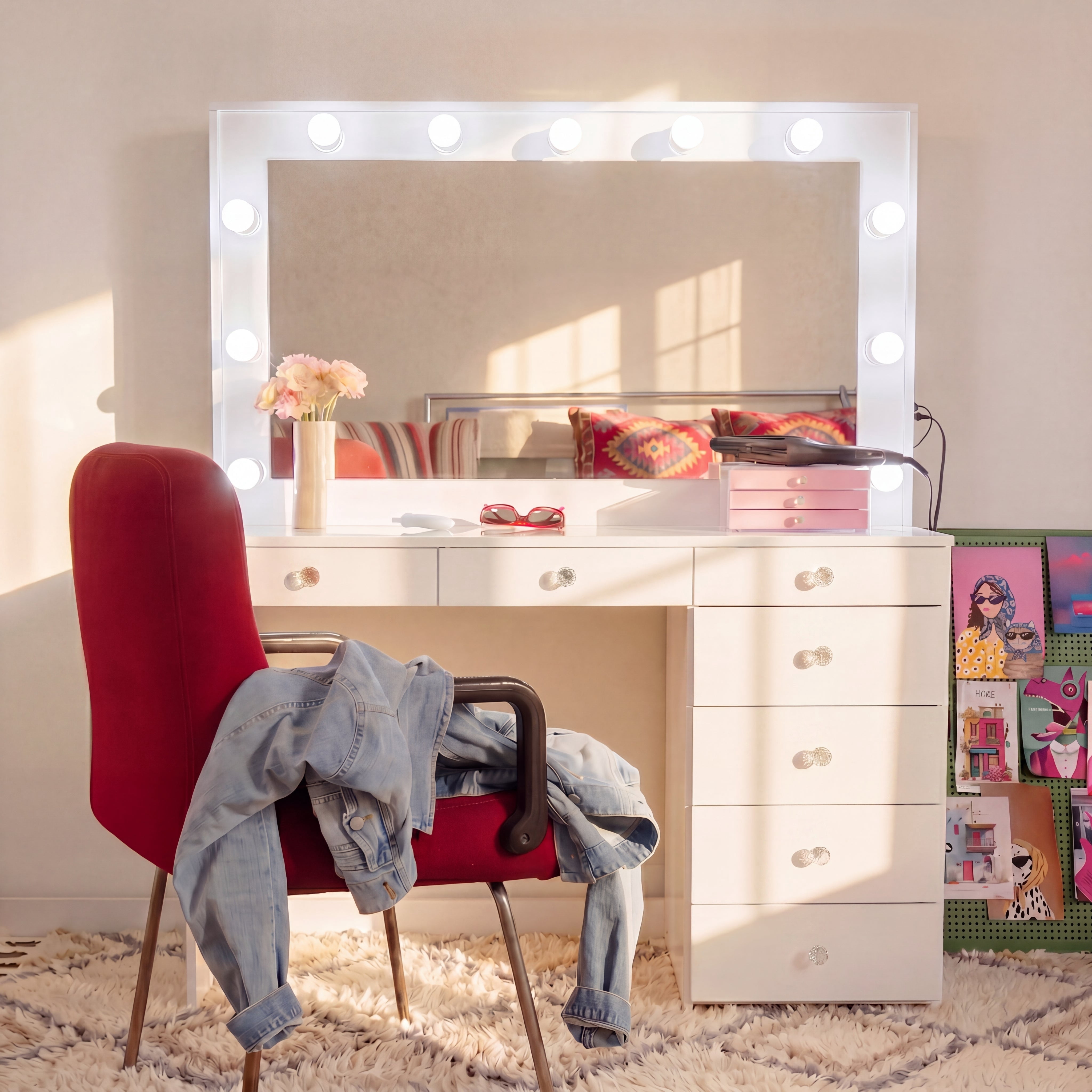 Ember Interiors Ghada White Lighted Makeup Vanity Desk with Charging Station for Bedroom