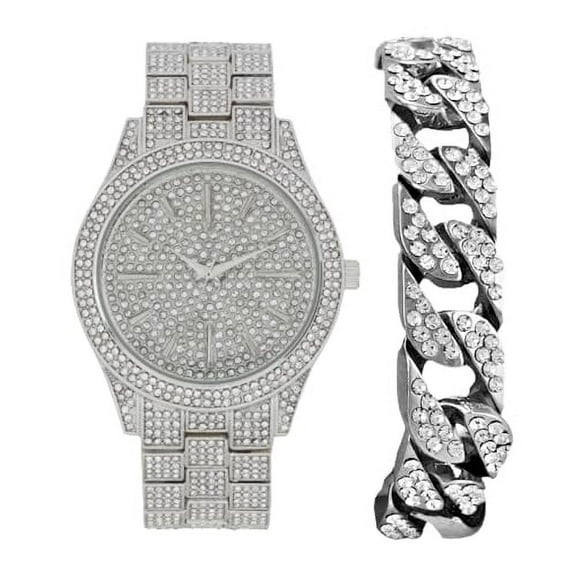 Charles Raymond Bling'ed Out Sophisticated Diamond Ritzy Iced Sporty Faux Chrono Decor Luxury Timepiece – ST10567-Cuban Silver