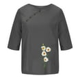 thumbnail image 4 of QQAMB Women Cotton Linen Top Crewneck Button Daisy Printed Short Sleeve Casual T Shirt Ladies Summer Fashion Blouse Top Gray M, 4 of 4