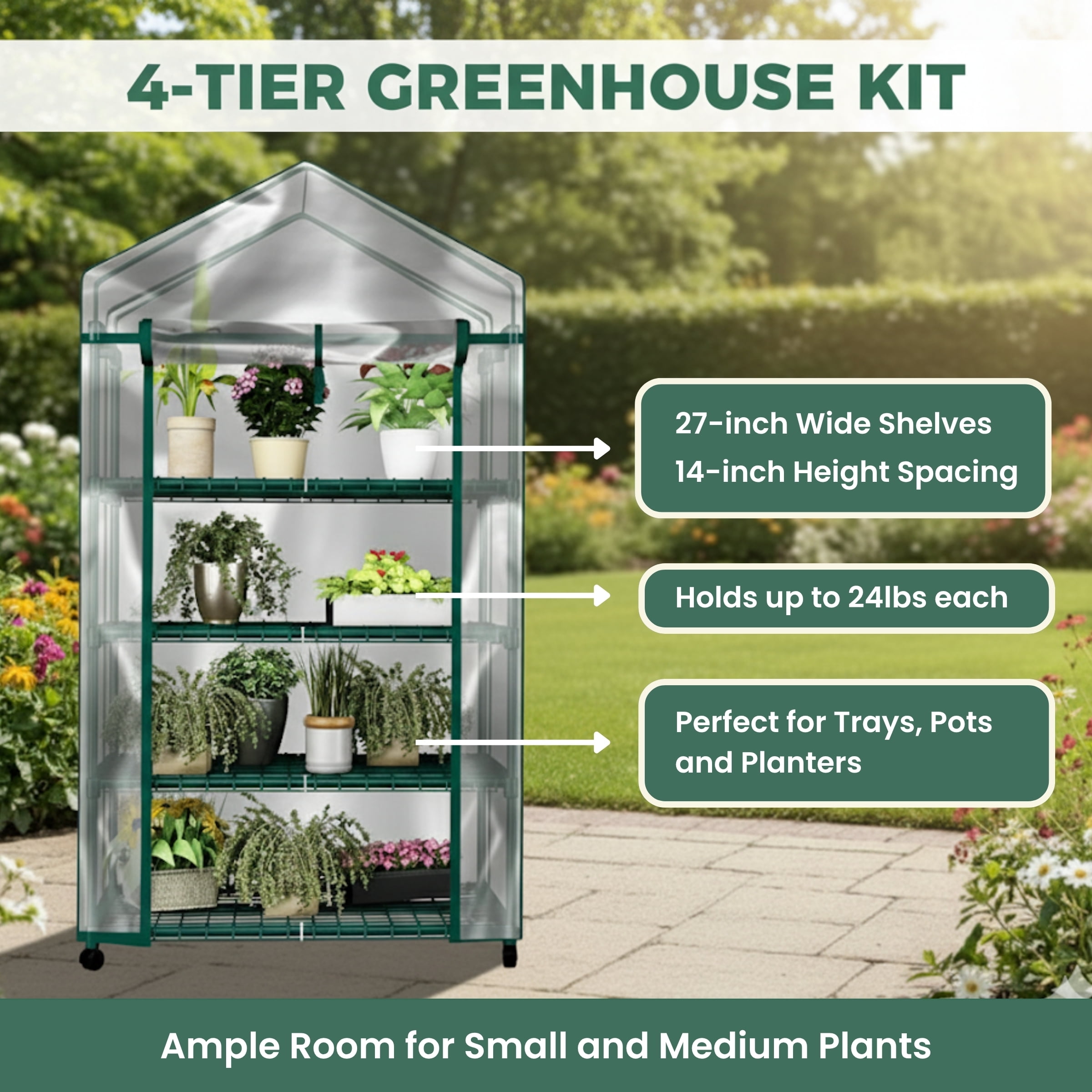 Home-Complete 4 Tier Mini Greenhouse with Locking Wheels and PVC Cover