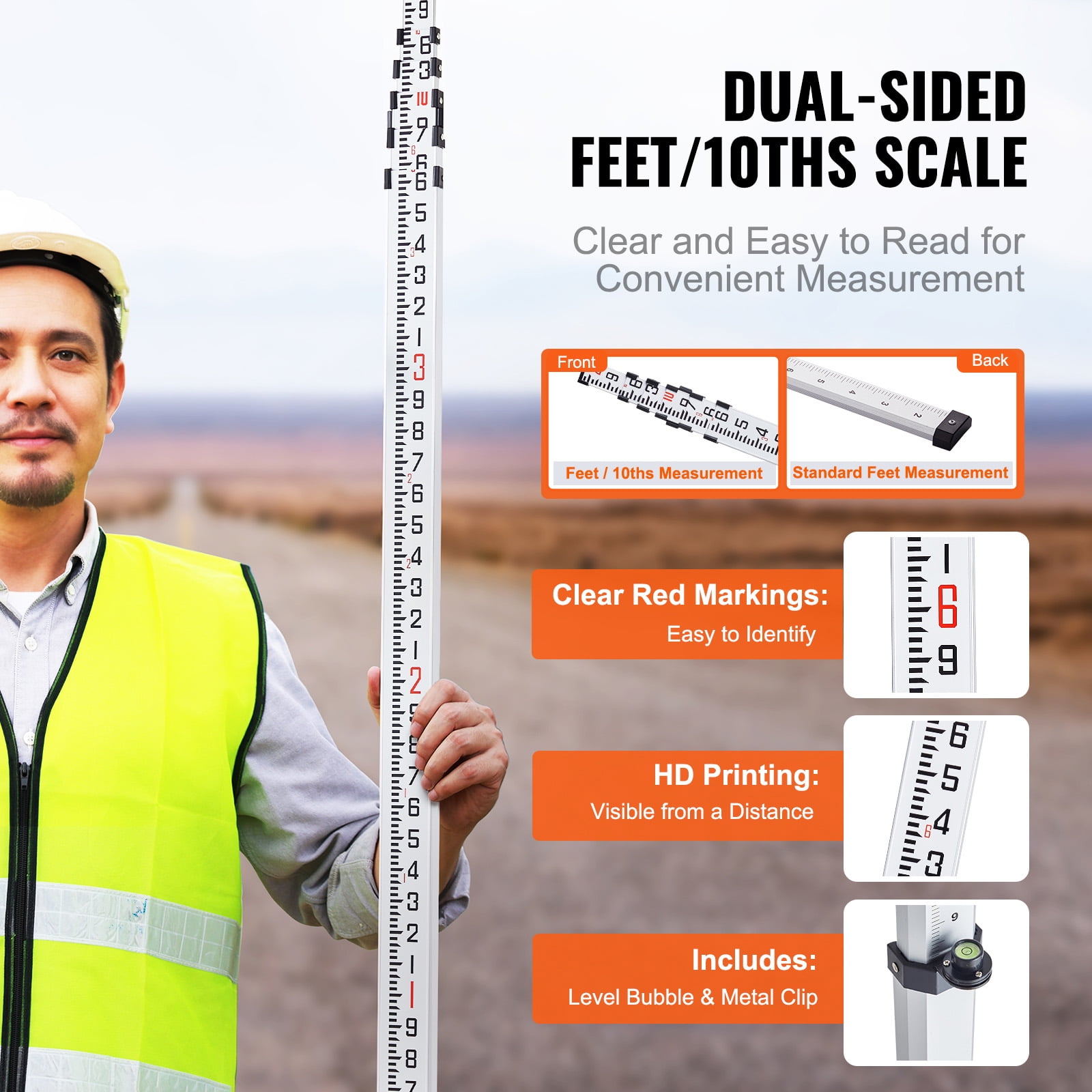 KFFKFF Aluminum Measuring Stick, 20ft/10ths, 6-Part Extendable Rod, Dual-Sided 1/10ft Scale, with Bubble Level & Carry Case for Residential & Commercial Construction