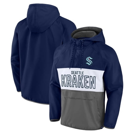 Men s Fanatics Deep Sea Blue/Gray Seattle Kraken Backhand Shooter Defender Anorak Raglan Hoodie Quarter-Zip Jacket