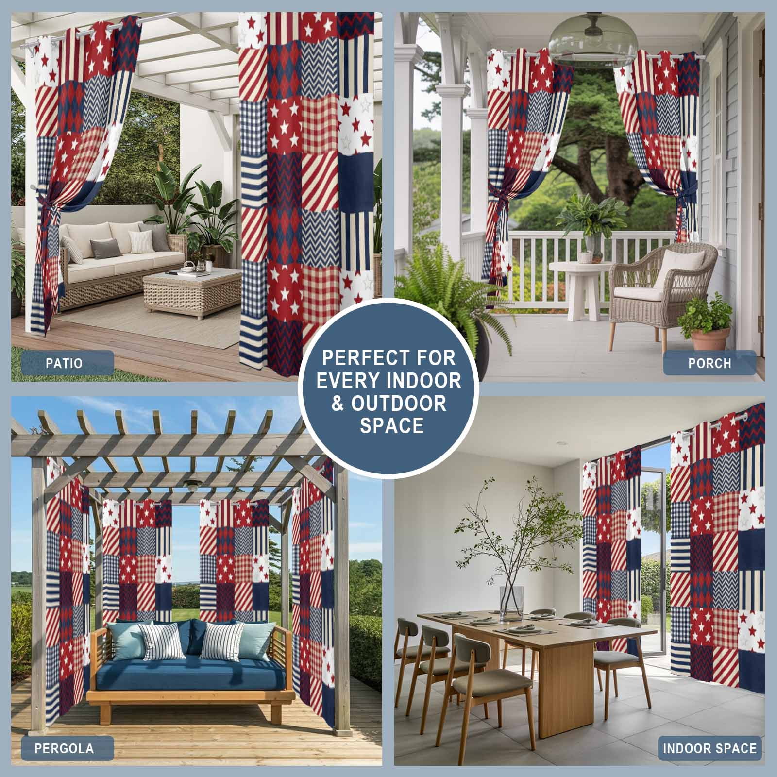 4th of July Independence Day Outdoor Curtains for Patio, Red Blue Star Striped Patchwork Sunshade Privacy Drapes Grommet Waterproof Outside Curtains for Porch/Cabana/Balcony 54"x 108", 1 Panel