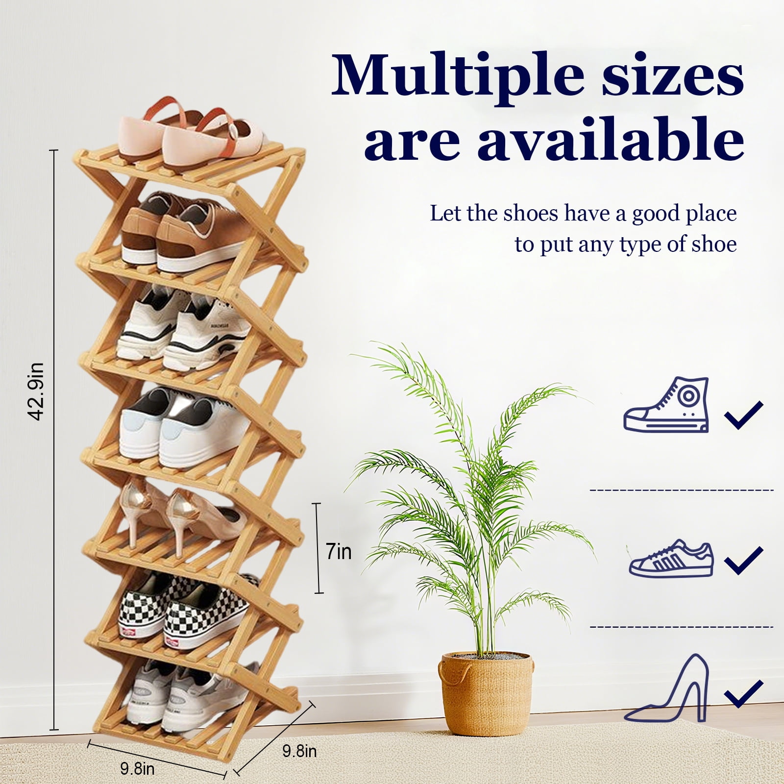 ManyFun  5-Tier Bamboo Shoe Rack for Closet Free Standing Wood Shoe Shelf Storage Organizer for Entryway Small Space Stackable,Brown