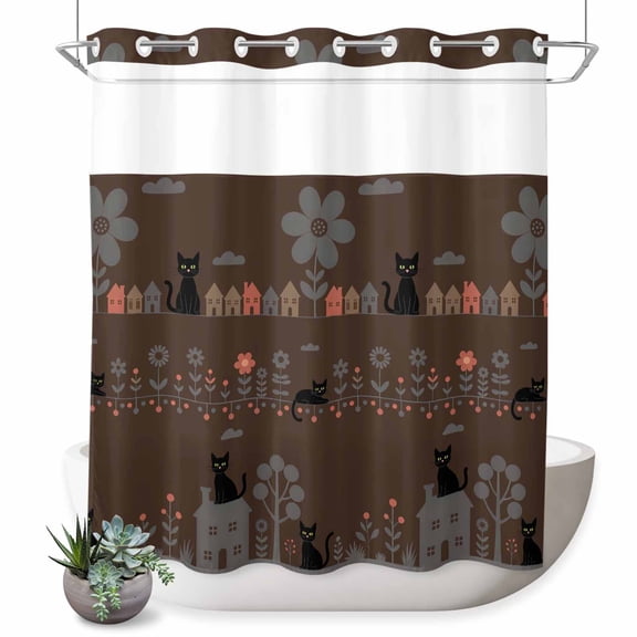 No Hook Shower Curtain, Japanese Style Shower Curtains for Bathroom with See Through Top Window, Farmhouse Brown Cat House Trees Flowers Waterproof & Washable Bath Curtain Long 72"x78"