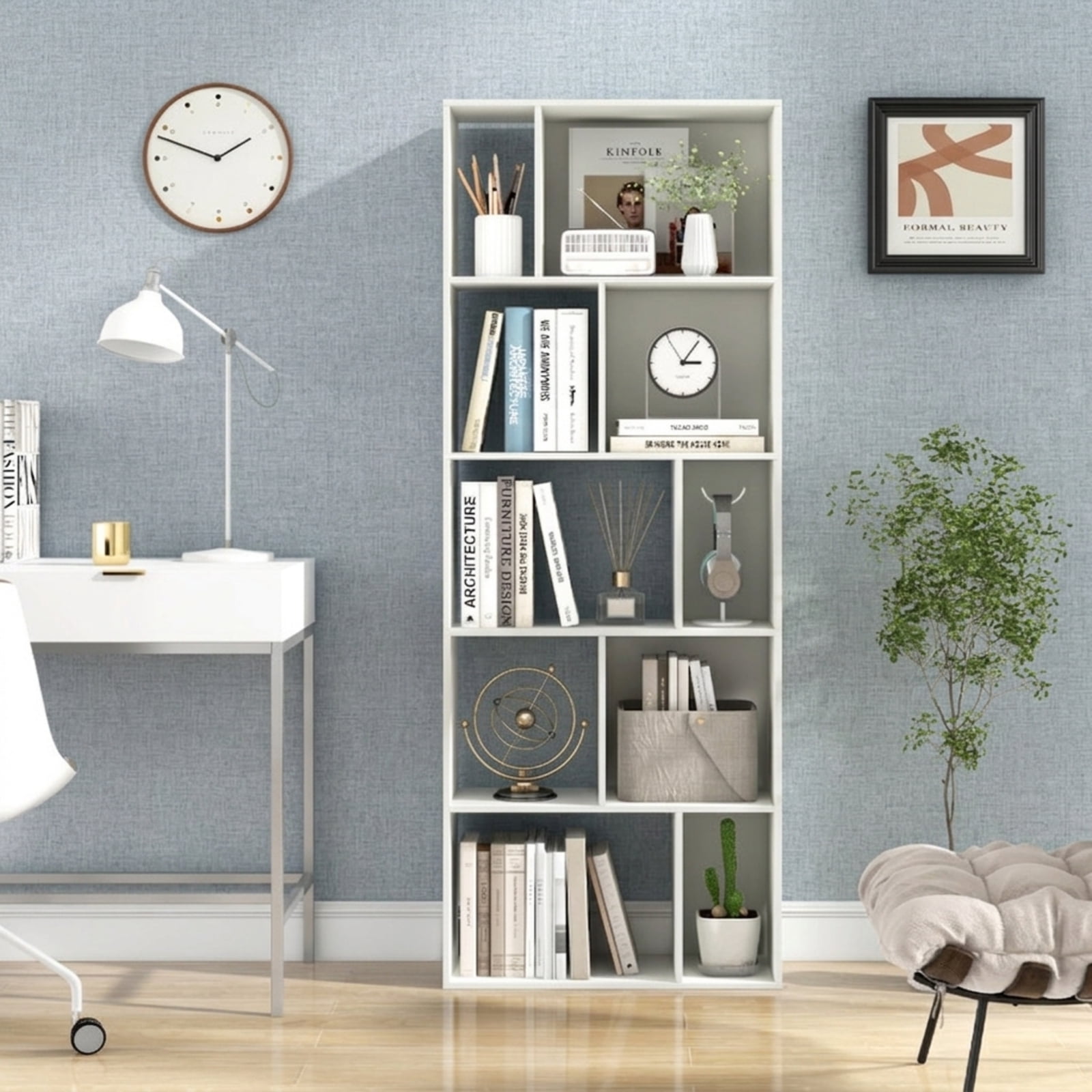 Furnibear 63 Inch 5-Tier Geometric 10-Cube Bookshelf Tall Bookcase for Living Room Home Office Bedroom Display Storage Shelf, White