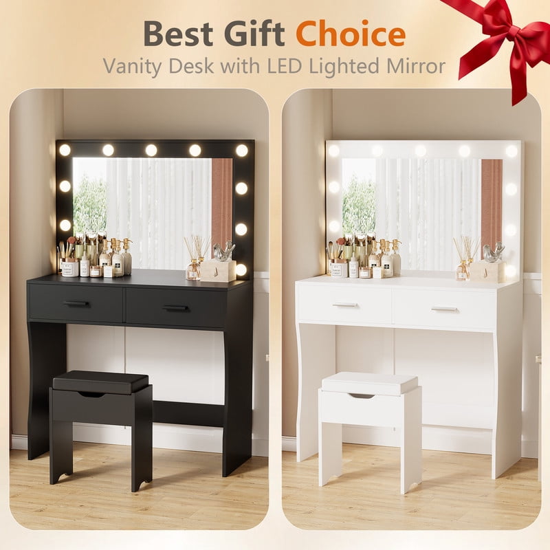 Vineego Vanity Set with Mirror & Light, Makeup Vanity with 2 Drawers, Vanity Desk with Storage Stool for Bedroom, Black