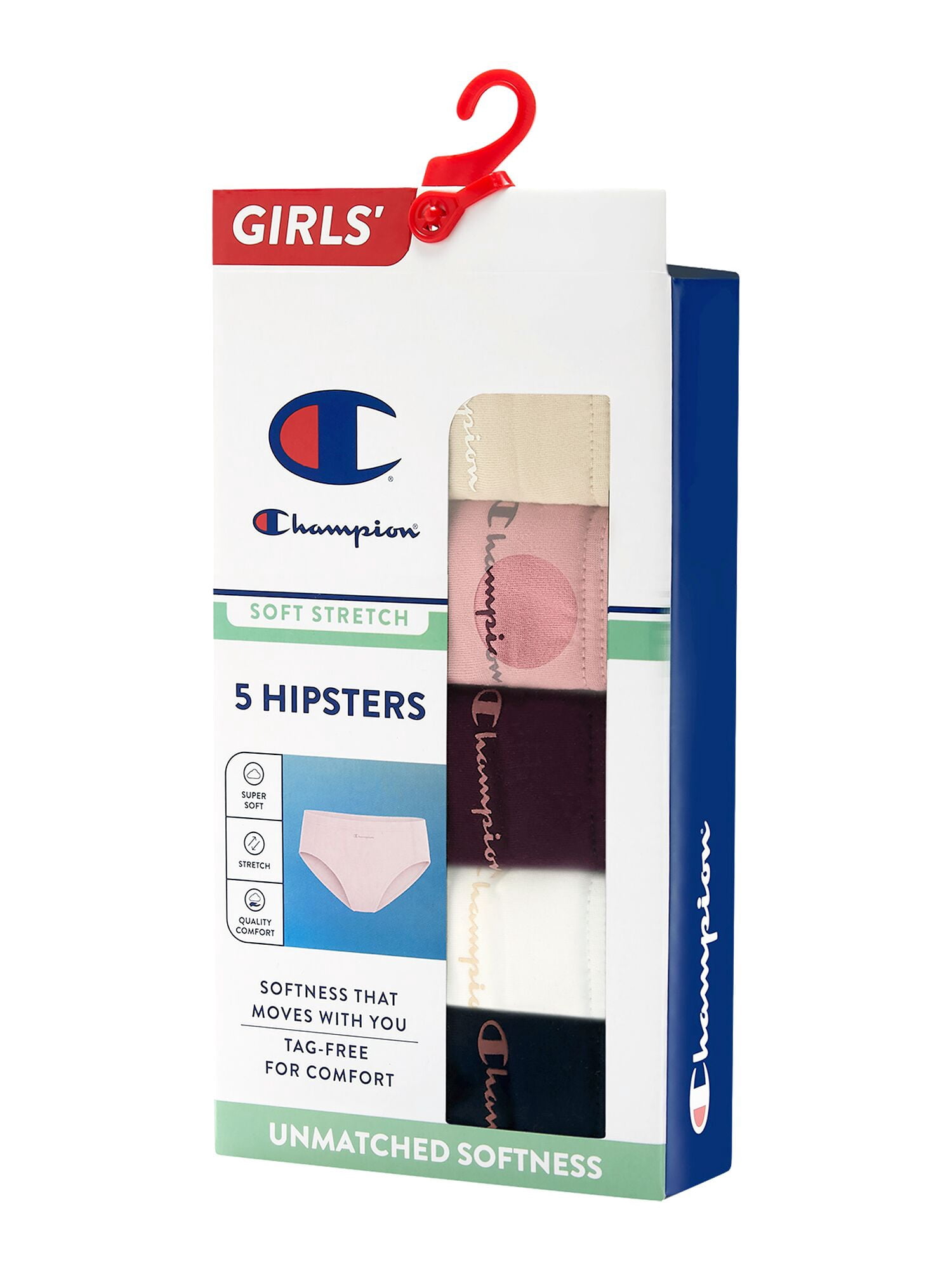 Champion Girls’ Softest Touch Classic Hipster Briefs, 5 Pack, Sizes XS–XL