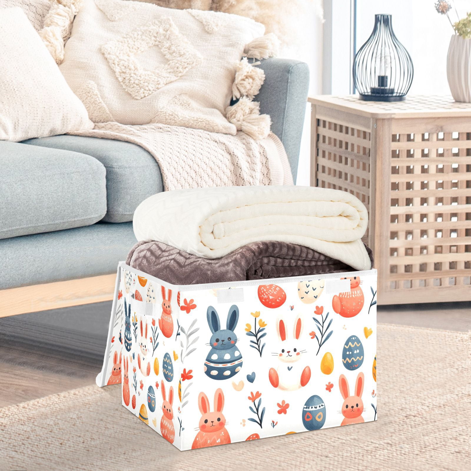 Easter Eggs with Rabbits Storage Basket for Shelves Foldable Container Organizer for Organizing Toys Clothes Books with Handles