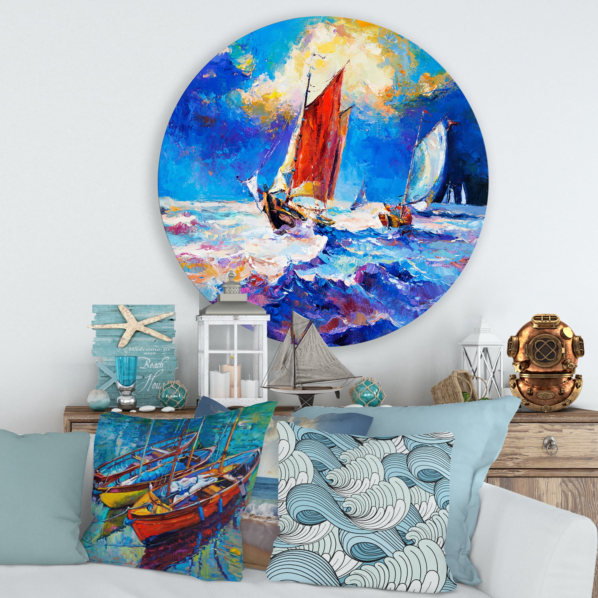 Designart 'Sailships On The Ocean Waves During Evening' Nautical & Coastal Circle Metal Wall Art 36x36 - Disc of 36
