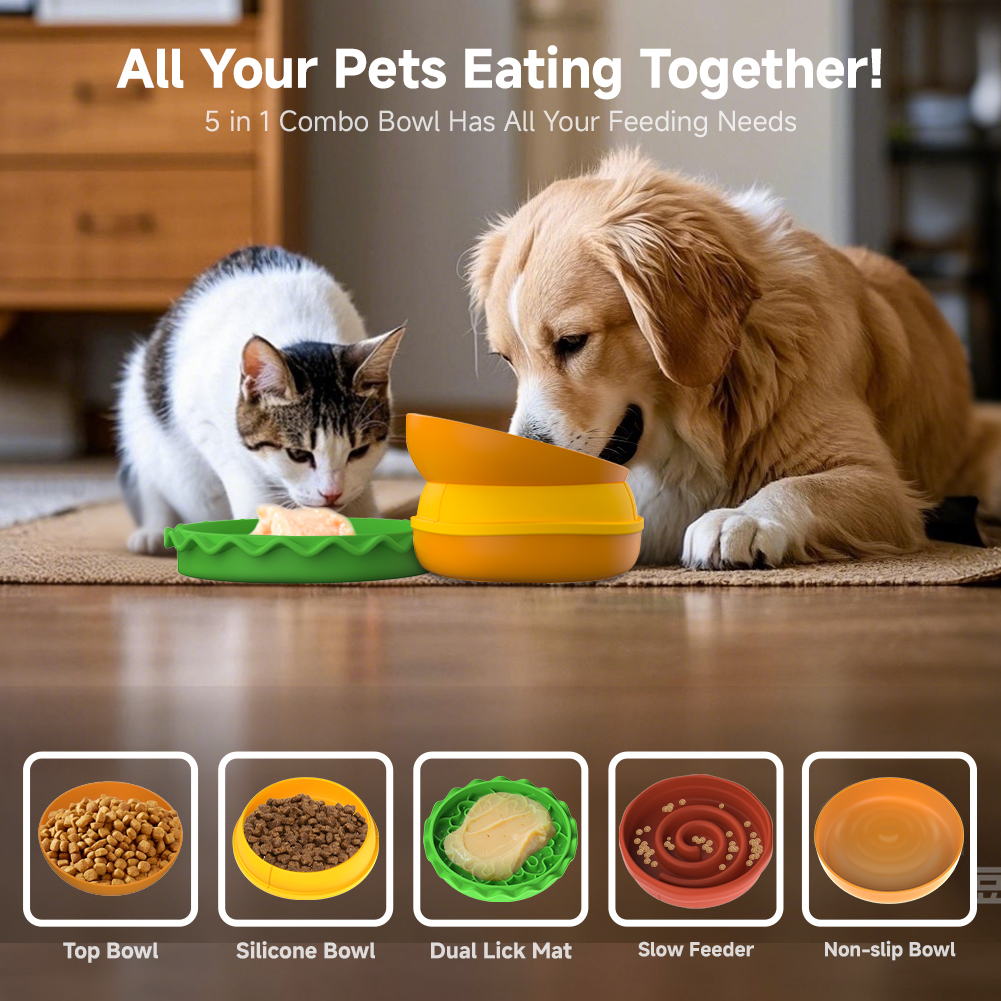 5-in-1 Burger Pet Bowls Set Tilted Elevated Slow Feeder Lick Mat Non-Slip Dog Cat Bowls Set for Small to Medium Pets Dishwasher Safe Adjustable Tilted Design for Pet Feeding and Drinking