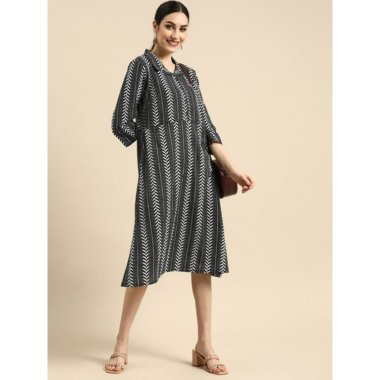 Anouk By Myntra Women Ready To Wear 3 4 Sleeve Knee Length Black White Printed Casual Pure Cotton A Line Dress Indian dress for women