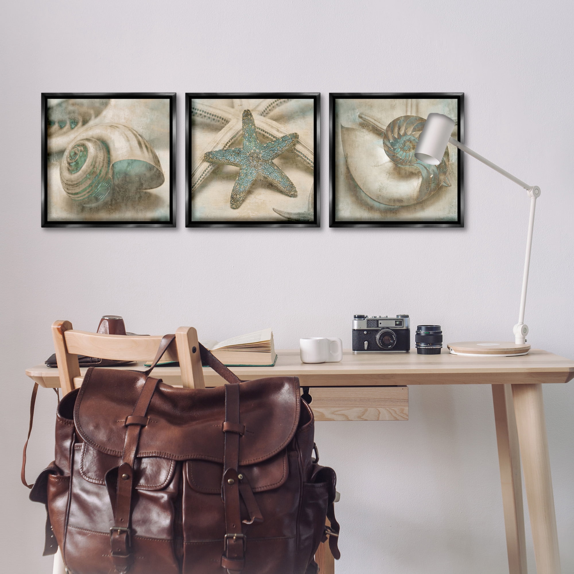 Stupell Industries Starfish & Sea Shells Distressed Nature Painting Black Floater Framed Canvas Art Print Wall Art, 18 x 18, Set of 3