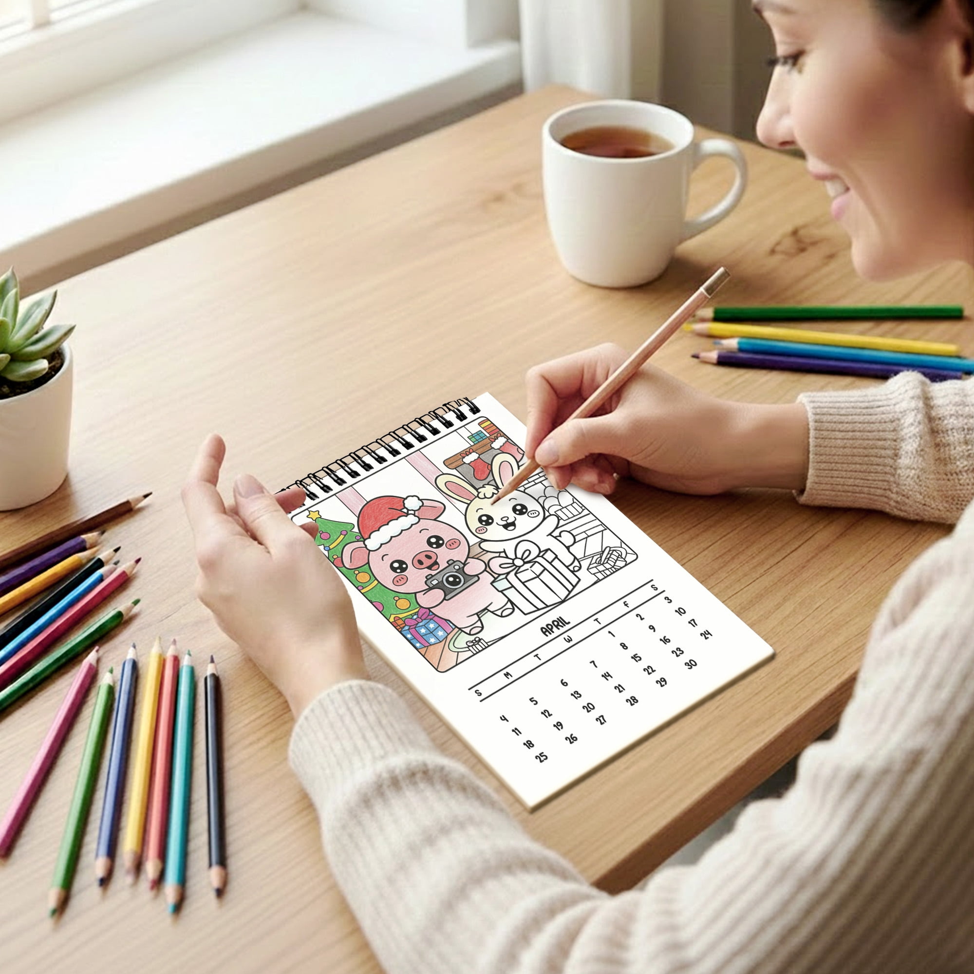 Cozy Christmas Coloring Desk Calendar 2026–2027, A5 Wooden Cover Planner with 26 Easy Coloring Pages for Adult Relaxation, 24 Month Desktop Calendar with Stand, Gift for Family & Friends