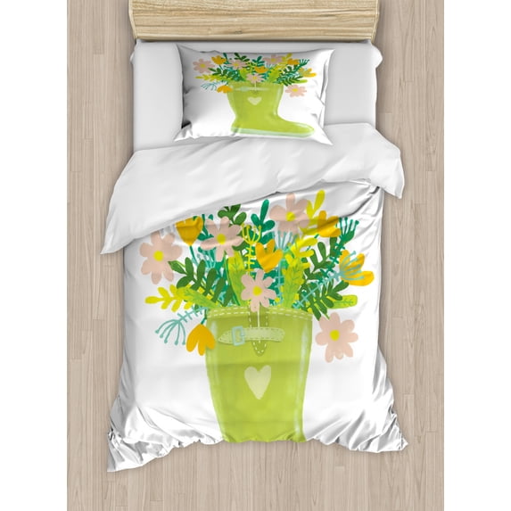 Hello Summer Duvet Cover Set Twin Size, Green Garden Boots with Flower Blooms and Summer Words Gardening Botany Theme, Decorative 2 Piece Bedding Set with 1 Pillow Sham, Multicolor, by Ambesonne