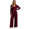 thumbnail image 4 of Guieoi Matching Outfits for Women Solid-Color Cotton-Linen Wide-leg Pants Set V-neck Button-down Long-sleeve Loose-fit Top + High-waisted Pants Two-Piece Set Red M, 4 of 9
