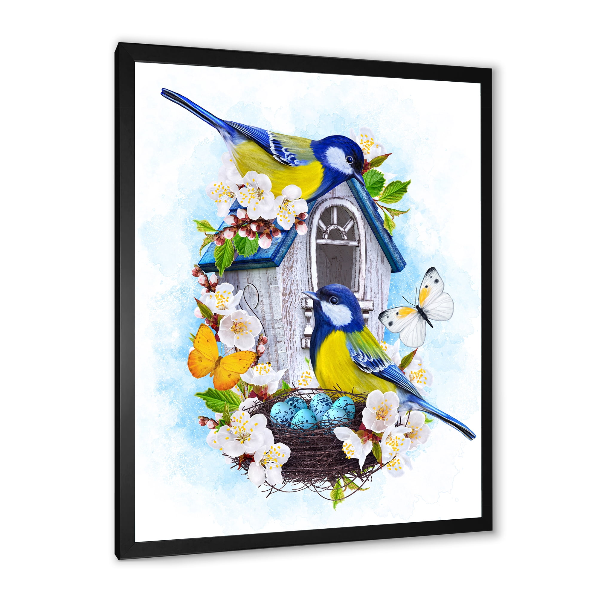 Designart 'Two Tit Birds Sitting Near The Nest With Eggs and White Flowers I' Traditional Framed Art Print