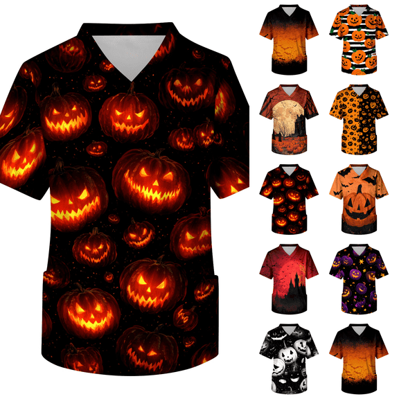 Halloween Scrub Tops Men Short Sleeve Cute Castle Print V Neck Nursing Uniforms