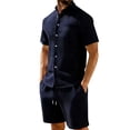 thumbnail image 2 of Hogleaql Men's 2 Pieces Linen Set Summer 2026 Short Sleeve Button Down Shirts and Shorts Tracksuits Elastic Waist Relaxed Fit Loose Dressy Matching Sets with Pockets Navy 3XL, 2 of 4