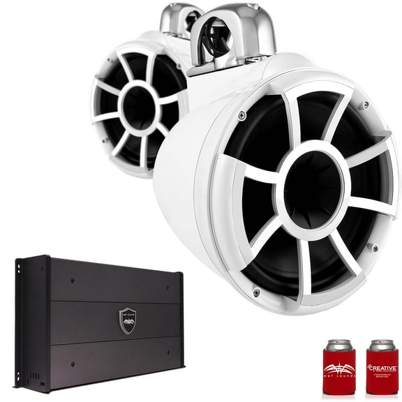 Wet Sounds REV10W-FMINI 10" White Tower Speakers with Stainless Steel Fixed Mini Clamps & SYN-DX2.3 1200 Watt Amplifier