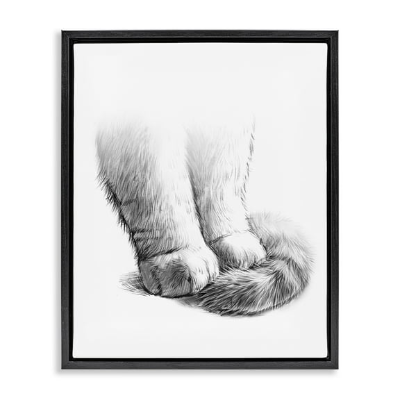 Stupell Industries Fluffy Cat Paws Tail Curled Monochrome Drawing Jet Black Framed Floating Canvas Wall Art, 16x20, by Ziwei Li