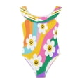 thumbnail image 3 of Girls Ruffle One Piece Swimsuit, Stretchy Fabric for Beach & Pool Activities Smiley Daisy on Rainbow Background, 3 of 8