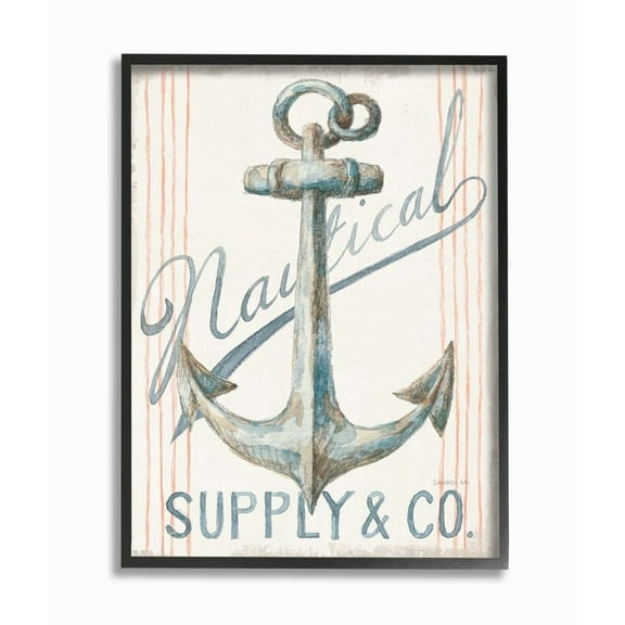 Stupell Industries Boat Anchor Sign Nautical Ocean Pastel Watercolor Framed Wall Art Design by Danhui Nai, 24" x 30", Black Framed