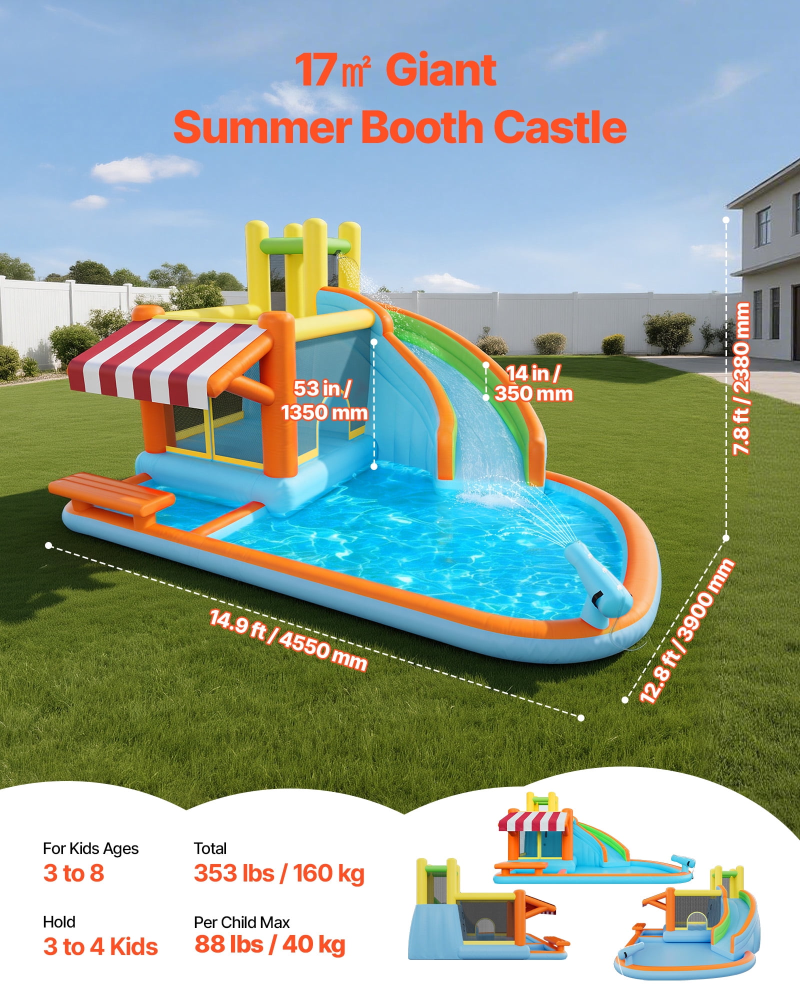 VEVOR Inflatable Bounce House, 14.9 x 12.8 x 7.8 ft Inflatable Bounce House Water Slide, Bouncer Castle with Castle Bounces, Tall Slide, Splash Pool & Pretend Market Booth,for 3 to 4 Kids Ages 3 to 8