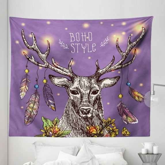 Boho Tapestry, Boho Hand Drawn Rein Deer with Gypsy Fashioned Elements on Antlers Unique Wild Creature, Fabric Wall Hanging Decor for Bedroom Living Room Dorm, 5 Sizes, Purple, by Ambesonne