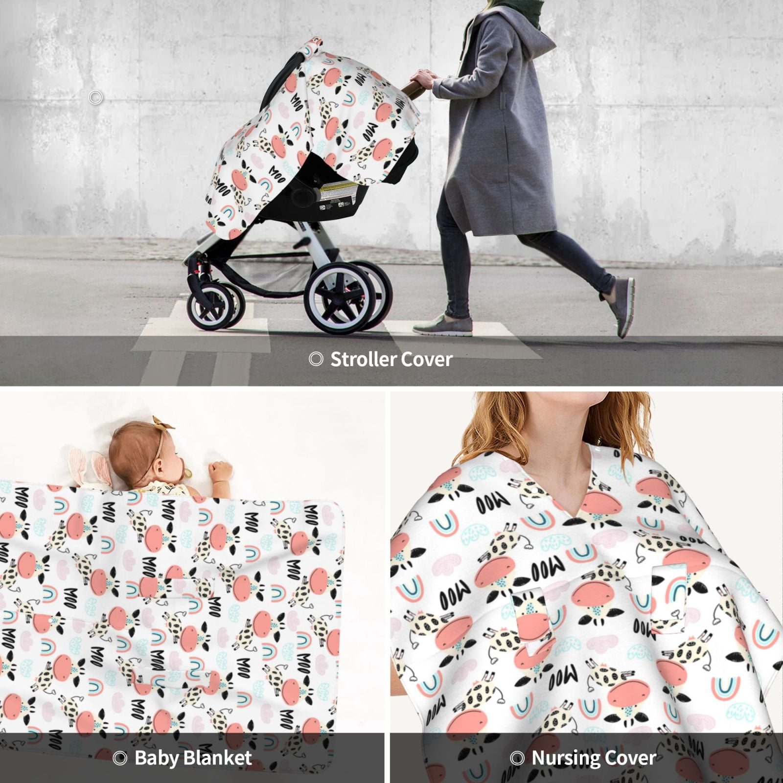 Car Seat Cover Baby - Funny Cute Cow Rainbow Clouds Breathable Infant Car Seat Cover for Baby Carseat, Lightweight Comfort Baby Essentials Must Haves Newborn Stuff for Girl Boy