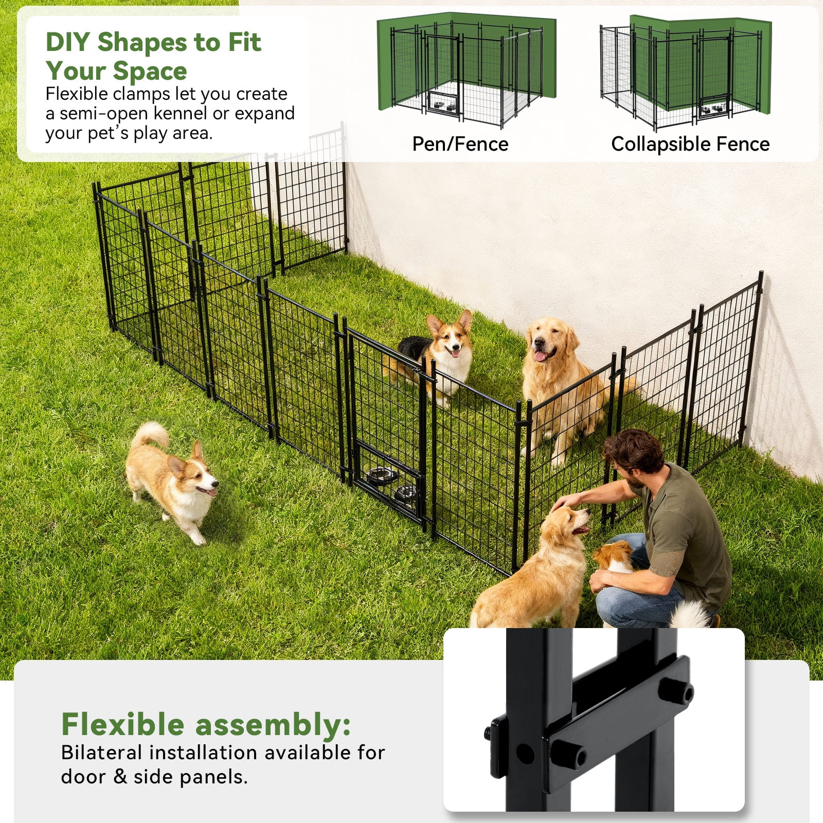 Oranland 4 x4 x5FT Outdoor Large Dog Kennel, Heavy Duty Modular Dog Cage with Waterproof Cover, Dog Playpen with 2 Rotating Bowls & Secure Lock for Patio, Garden, Backyard