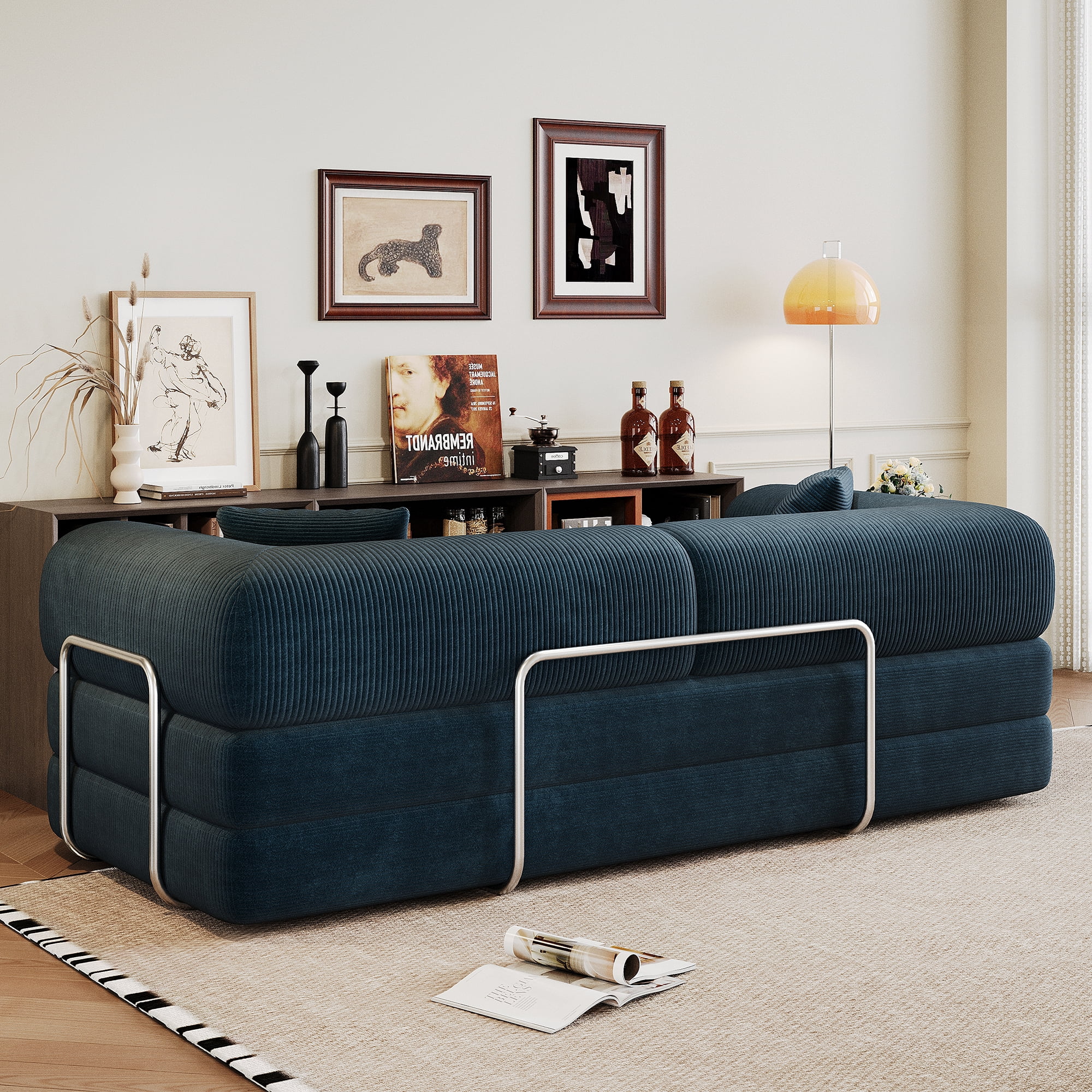 Miniyam 79" Compression Sofa, Convertible Floor Sofa Bed-with Pillow Back Support Armrest for Living Room, Bedroom, Blue