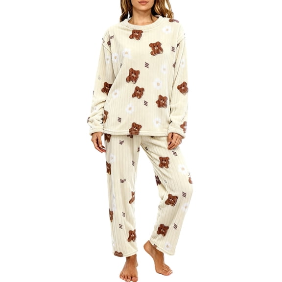 FEIJIBA Pajamas for Women Set Fall Winter Thickened Warm Flannel Pajama Coral Fleece Long Sleeve Loungewear Cozy 2 Piece Women's Sleepwear Beige