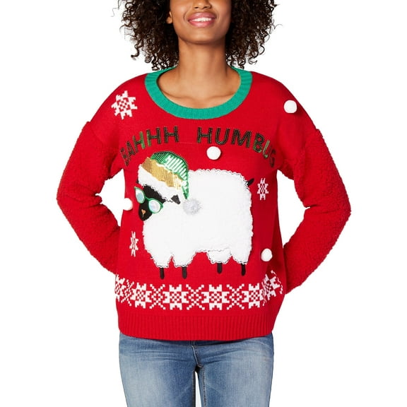 Hooked Up By Iot Juniors Bahhh Humbug Sweater Christmas Red XS