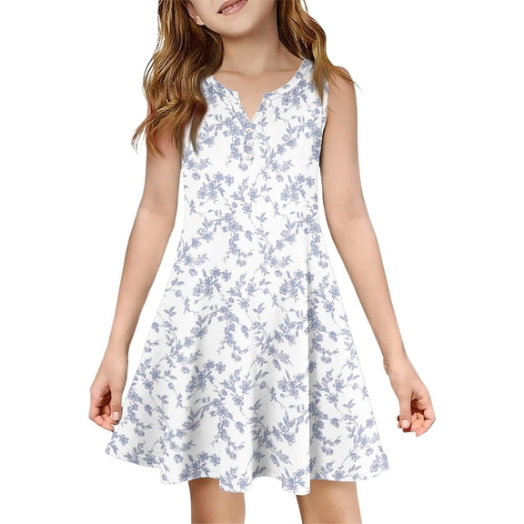 XADYUY Summer Dresses for Girls 10-12 Button A-Line Sleeveless Midi Dress Vintage Floral V-Neck Swing Basic Sundresses with Pockets for 4-14t Kids
