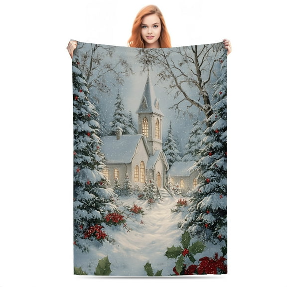 Winter Church Scene Flannel Throw Blanket - Ultra Soft & Cozy All-Season Couch Blanket, Bedspread, Travel Wrap - Gift-Ready Luxury for Home, Office & Outdoor