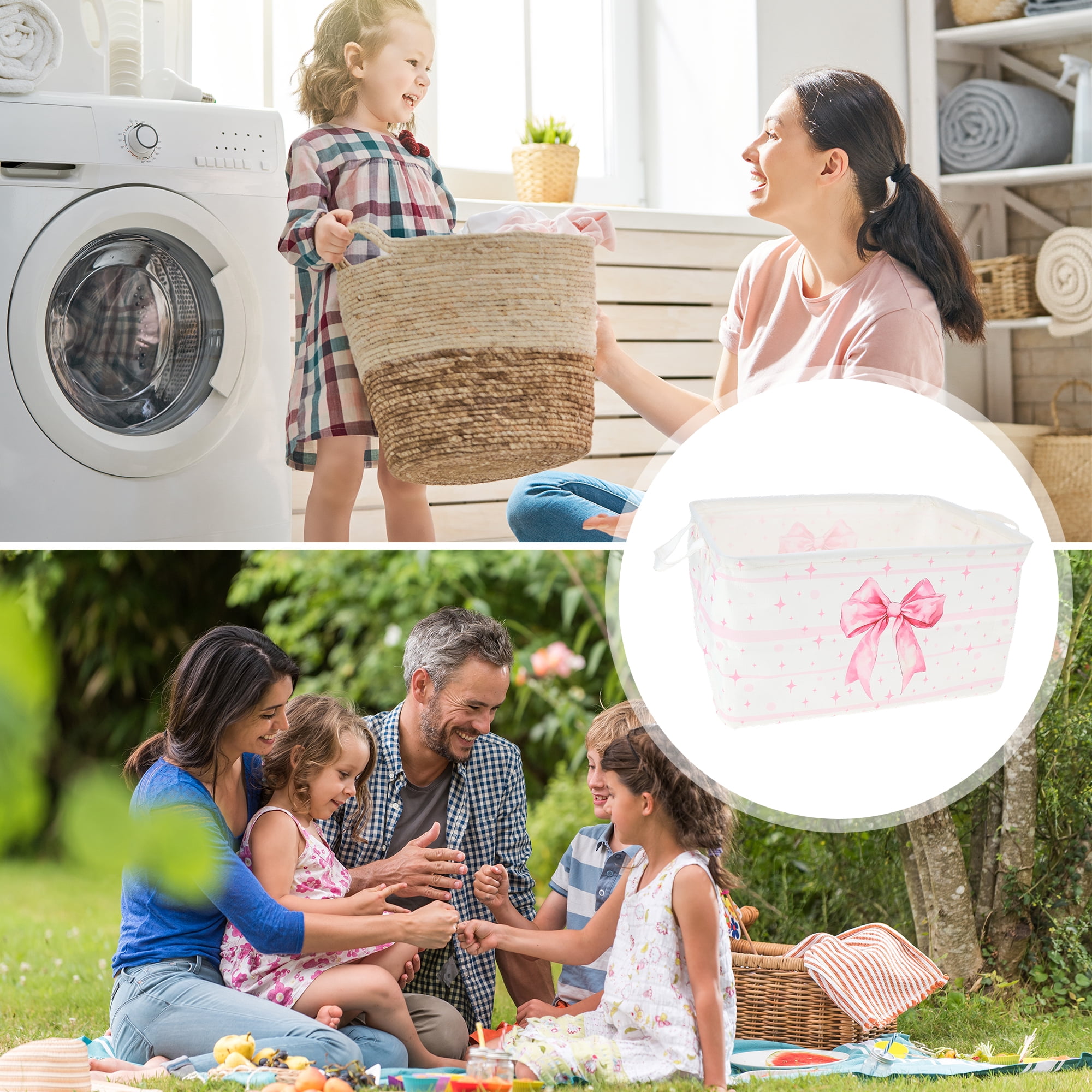 Unique Bargains Bow Print Storage Basket 14.9x10.2x8.6in 1 Pc Light Pink, White