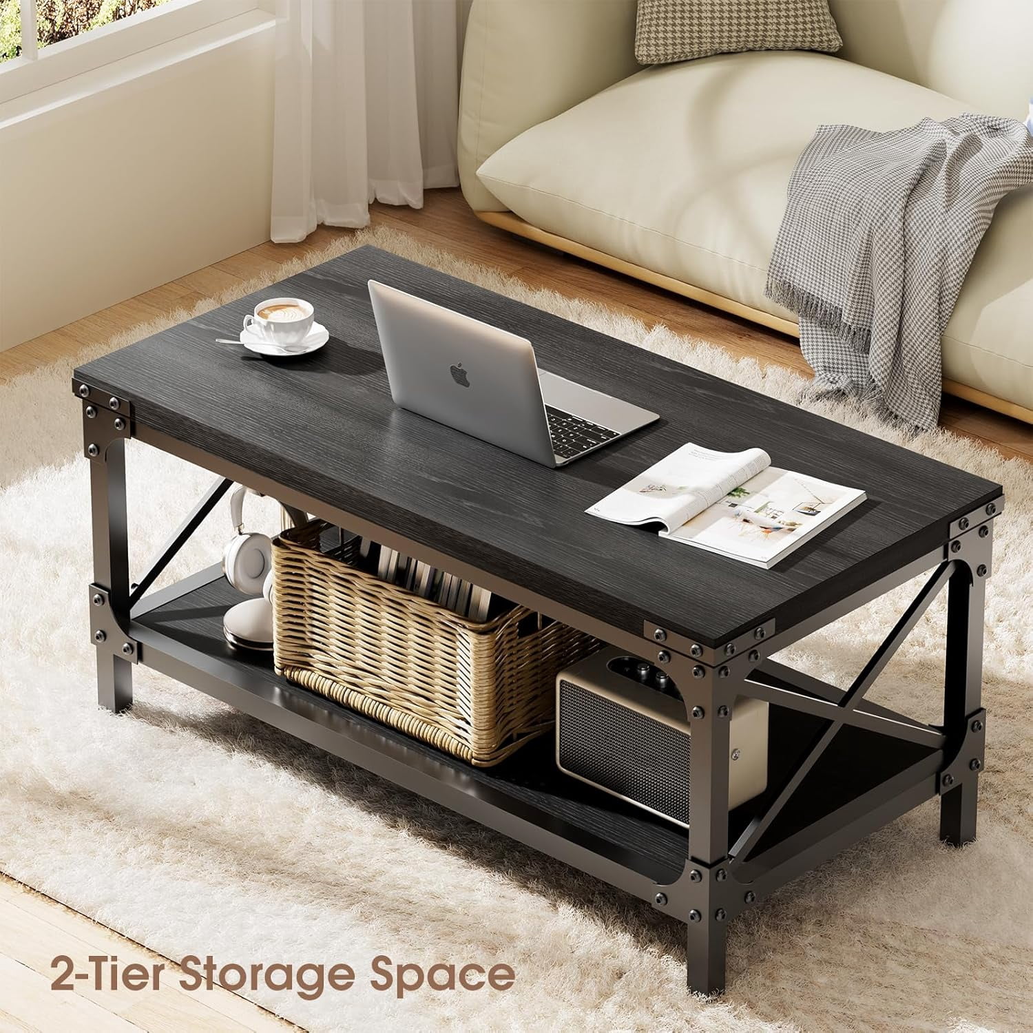 LazySpin Industrial Wood Coffee Table Rectangle, Black
