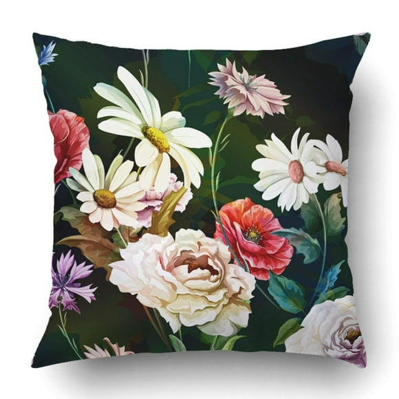 RYLABLUE Poppy Flowers With Chamomile Camomile Leaves Cornflowers And Peony On Dark Pillowcase Cover Cushion 18x18 inch