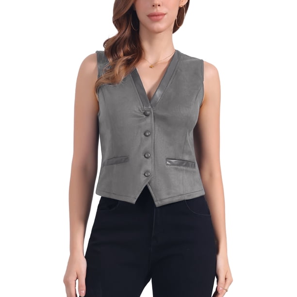 CHALECO SIN MANGAS DE SUEDE FALSO V DE MUJER INSPIRAR CHIC, CON BOTONES, VINTAGE, CASUAL, GRIS, XL