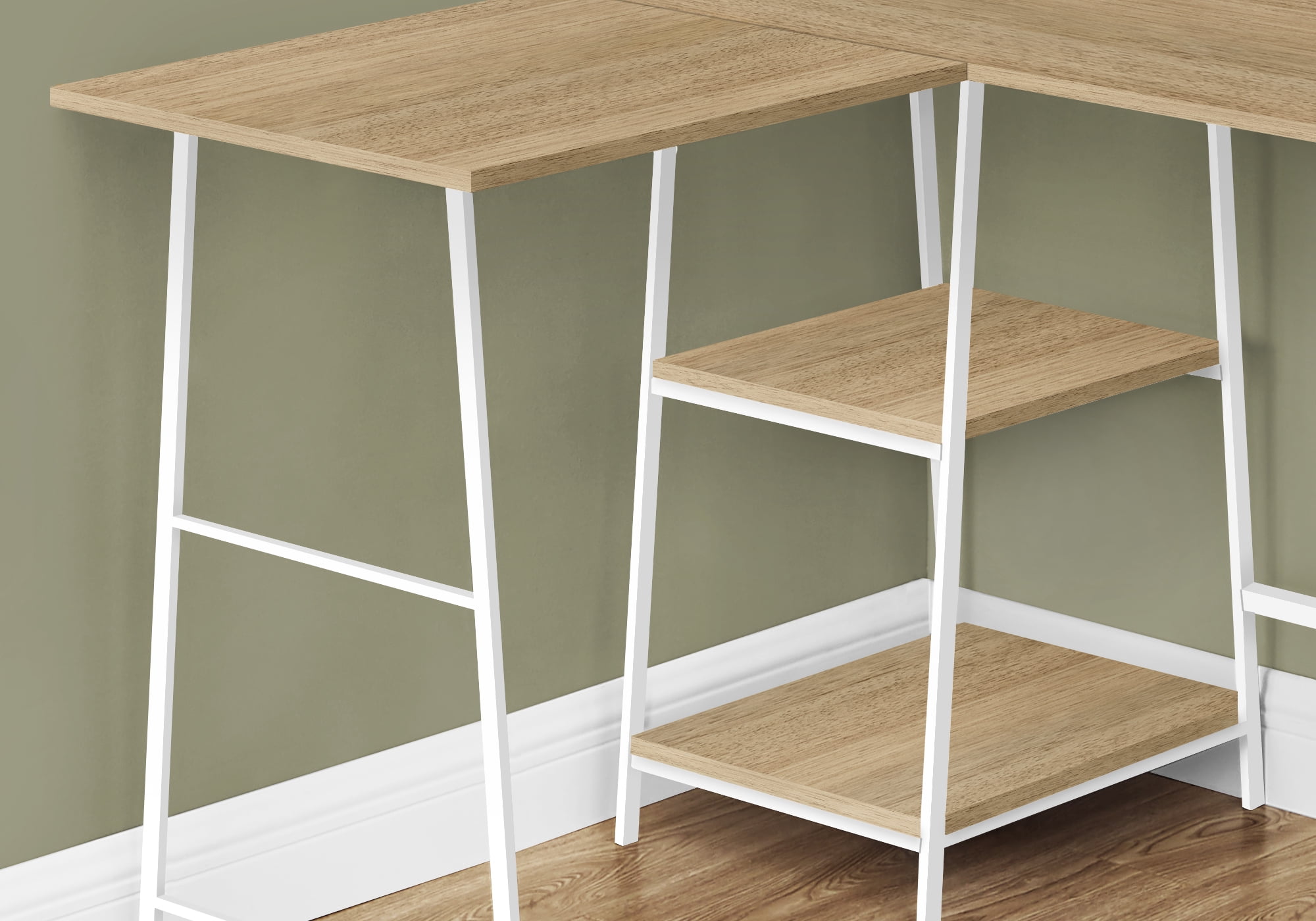 48 Inch Natural Wood Look L Shaped Computer Desk with White Metal Shelves