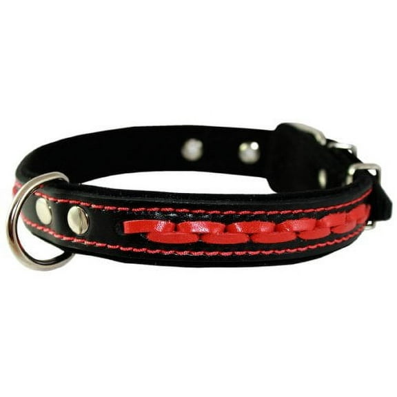 Red on Black High Quality Genuine Leather Braided Dog Collar 20"x1", Fits 14"-18" Neck