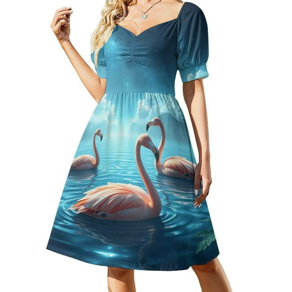 Flamingo Short Sleeved Dress Womans Clothing Beach Dresses Dress