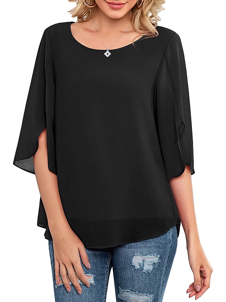 Womens Casual Ruffle 3/4 Sleeve Scoop Neck RelaxedFit Loose Top