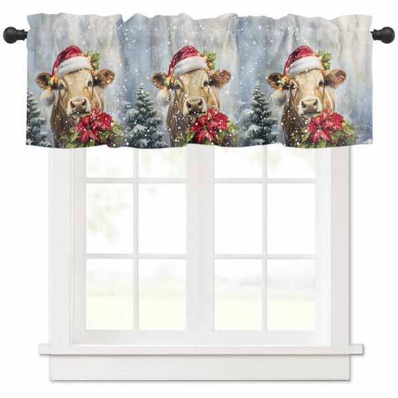 Christmas Valances for Windows, Winter Cow Christmas Hat Oil Painting Light Filtering Window Treatment Valances, Rod Pocket Small Curtains for Kitchen/Bathroom, 42"x18"