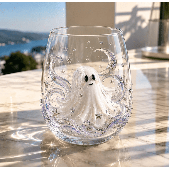 3D Halloween Artisan Glassware Collection with Ghost Pumpkin Magic Glass Cup Stemless Decorative Wine Glass Clear Spooky Drinking Glasses Cups for Festive Party Holiday Home Decor