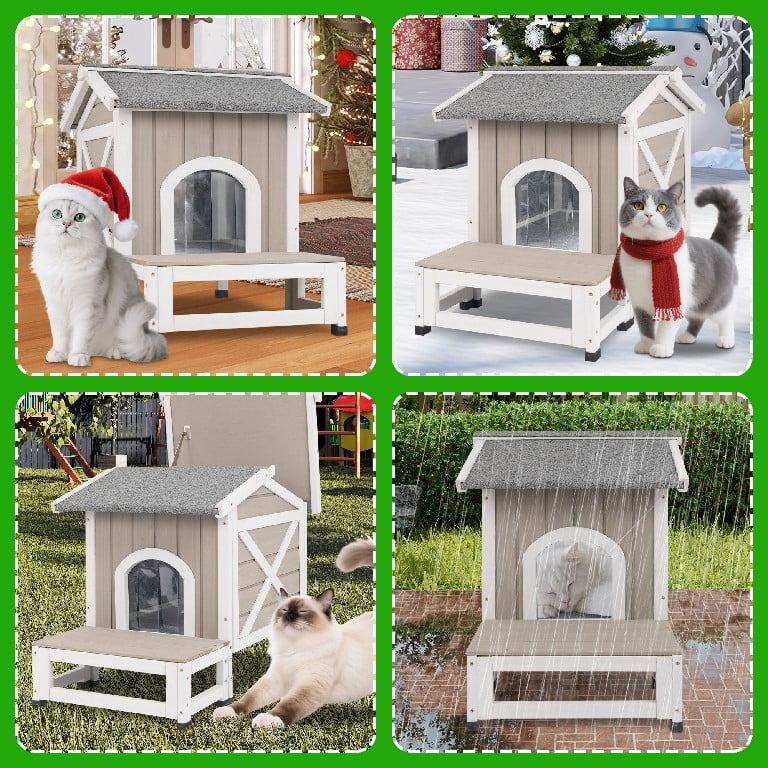 PETSCOSSET Insulated Outdoor Cat House Weatherproof Feral Cat Shelter with Raised Base