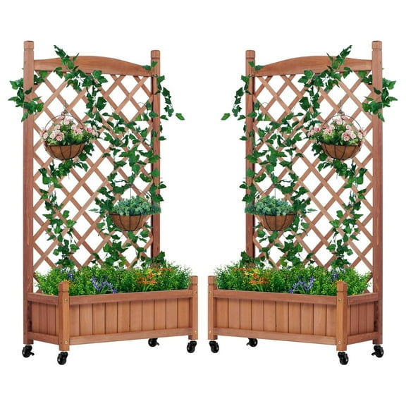 Raised Garden Bed with Trellis Set of 2, Outdoor Wood Planter Box & Plant Stand with Climbing Racks Brown