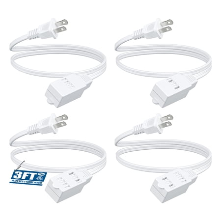 DEWENWILS 4 Pack 3FT Extension Cords for Indoor 2 Prong 3 Outlets with Safety Cover 16 AWG SPT-2 Power Strip Cable ETL Listed
